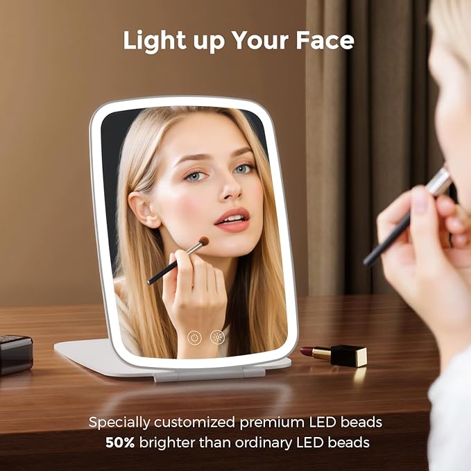 Rechargeable Folding Makeup Mirror with LED Lights, 10" x 7" Large View, 3 Lighting Modes, 2000mAh Battery & Magnetic Closure for Home & Travel (White)