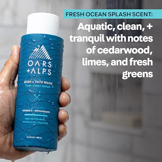 Oars + Alps Body Wash for Men, Mens Body Wash with Vitamin E and Antioxidants, Moisturizing, Hydrating, Paraben & Sulfate Free Cleanser, Fresh Ocean Splash, 1pk