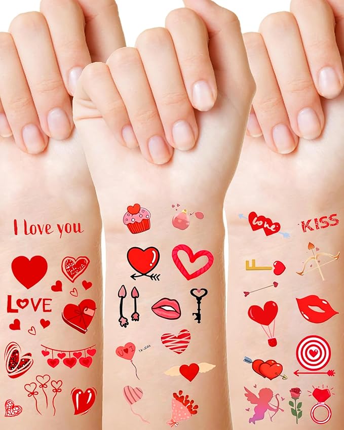 Temporary Tattoos for Lover, 12 Sheets Love Heart Tattoos for Valentines Day Decorations Classroom Girls Boys School Class Bday, 113pcs Pattern for Festivals and Parties (Red - Love)