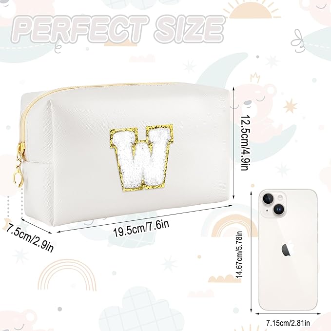 URSKYTOUS Gifts for Girls Initial Makeup Bag Personalized Cosmetic Bag with Zipper Cute Travel Toiletry Bags Waterproof PU Preppy Makeup Pouch Birthday Gift for Teen Girls Women(White W)