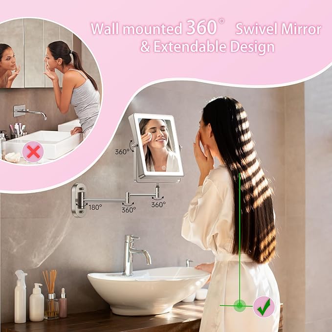 FASCINATE Rechargeable Wall Mounted Makeup Mirror, 8.7" Double Sided Touch Switch 1X 10X Rectangle Magnifying Mirror Wall Mounted, 3 Color Setting, Extended Arm 360° Swivel Foldable Nickel