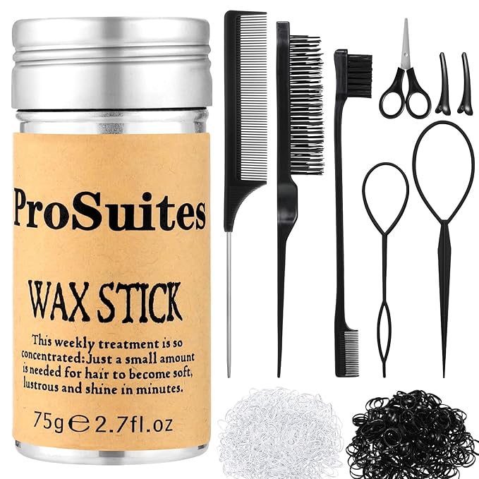 Slick Back Hair Brush with 1000pcs Hair Rubber Bands,Hair Wax Stick,Elastic Hair Ties,Rat Tail Comb for Women, Men and All,Curly Hair,Straight Hair