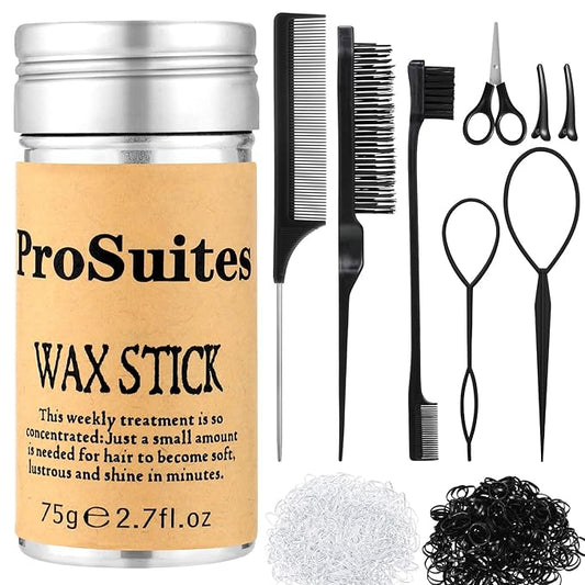 Slick Back Hair Brush with 1000pcs Hair Rubber Bands,Hair Wax Stick,Elastic Hair Ties,Rat Tail Comb for Women, Men and All,Curly Hair,Straight Hair