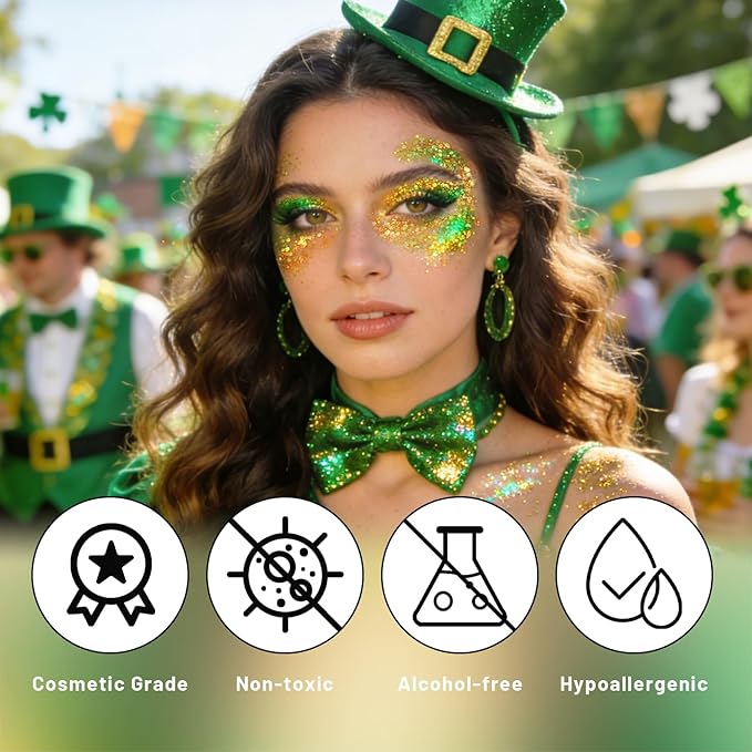 DAGEDA Laser Green Body Glitter Stick,St Patricks Day Accessories,Sparkly Face Glitter Makeup,Holographic Hair Glitters St Paddys Outfits for Women, Shimmer Face Paint Stick for Mardi Gras Accessories