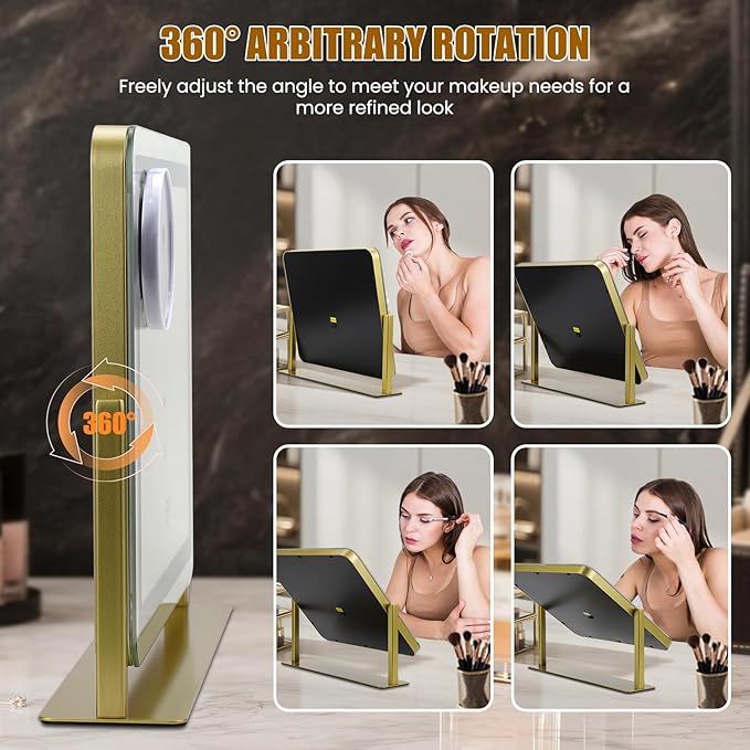 Vanity Mirror with Lights, 16"×12.4" LED Makeup Mirror, Rounded Frame, 10X Magnification, Smart Touch with 3-Color Lighting, Dimmable, 360° Rotation, Lighted Up for Makeup Desk, Bedroom (Gold)