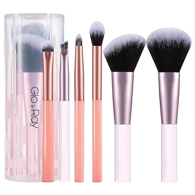GLO&RAY Makeup Brushes 6Pcs - Travel Make Up Brush Set Professional for Eyeshadow, Foundation, Powder, Concealer, Blush, Eyeliner & Brow Blending Portable Face Cosmetic Brushes Kit with Case Mini