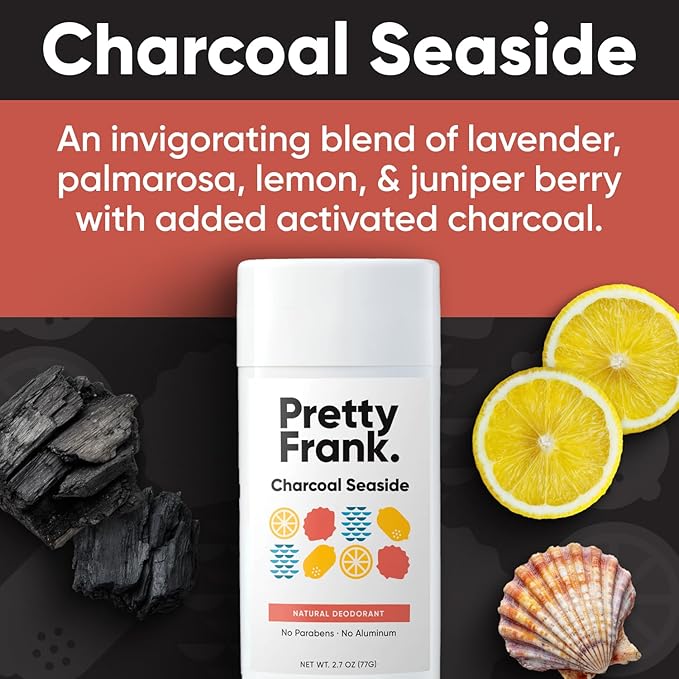 Pretty Frank Natural Aluminum-Free Deodorant Stick, Charcoal Seaside (1-Pack) | All-Day Odor Control for Women & Men | Effective, Safe, Organic Ingredients, Added Charcoal and Essential Oils