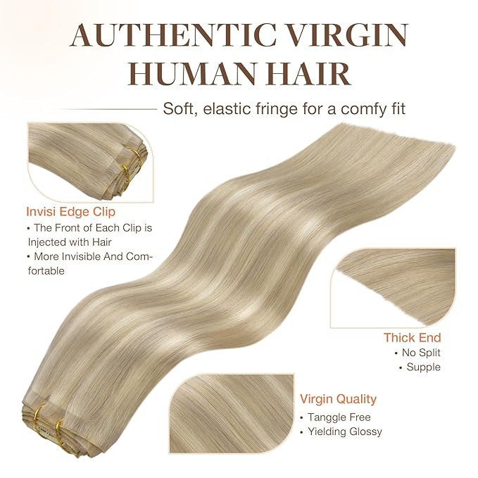 GOO GOO Invisi Edge Clip in Hair Extensions 24inch 150g 7Pcs Injected Seamless PU Clip in Hair Extensions, Virgin Real Human Hair, 17A/60A Ash Blonde Highlighted Platinum Blonde