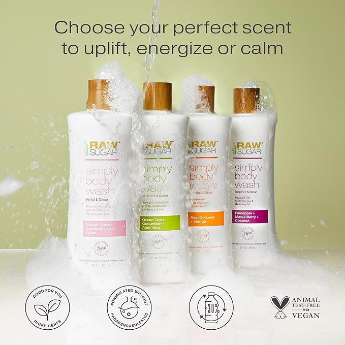 RAW SUGAR Coconut Mango Glow Gentle & Hydrating Body Wash, 20 Fl Oz (Pack of 3), Moisturizing & Brightening Bath & Shower Gel, Vegan, Formulated without SLS/SLES & Parabens