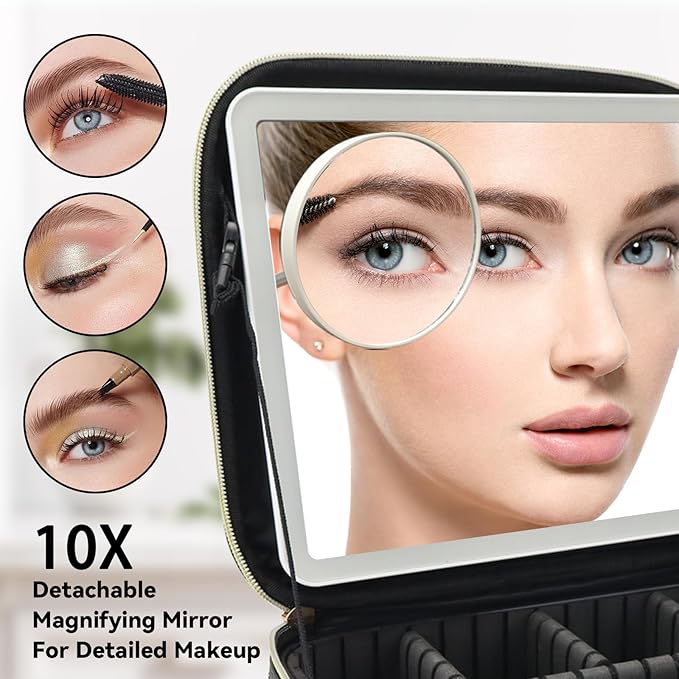 SLUMAZI Travel Makeup Bag with LED Mirror and 10x magnifying glass with 3 Lighted Settings, Adjustable Dividers and Makeup Brush Storage Bag Black