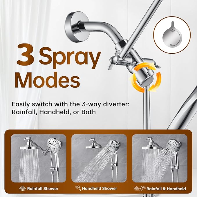 BRIGHT SHOWERS Rain Shower Head with Handheld Spray Built-in Power Wash, High Pressure Dual Shower Head with Height Adjustable Extension Arm, 3-Way Diverter, 9 Settings Handheld, 69” Long Hose, Chrome