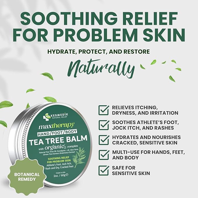 Tea Tree Oil for Skin, MaxTherapy Tea Tree Balm, Dry Itchy Skin & Rash Relief, Athlete’s Foot & Dry Feet Itching, Jock Itch, Chafing, Bug Bites, Natural, Effective & Safe for All Ages, 2-pack