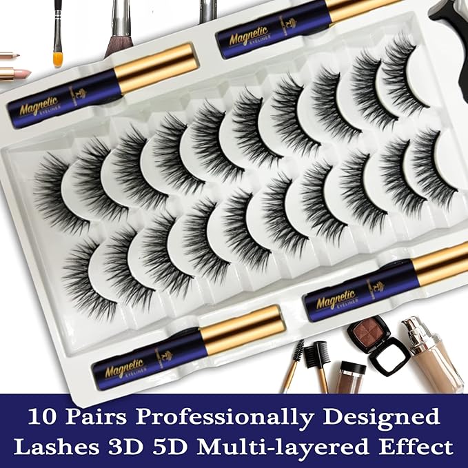 Magnetic Eyelashes Lashes,10 Pairs Magnetic Lash Kit with Liner,3D Natural Look,Reusable Cat-Eye Magnet False Eyelashes Cruelty Free.