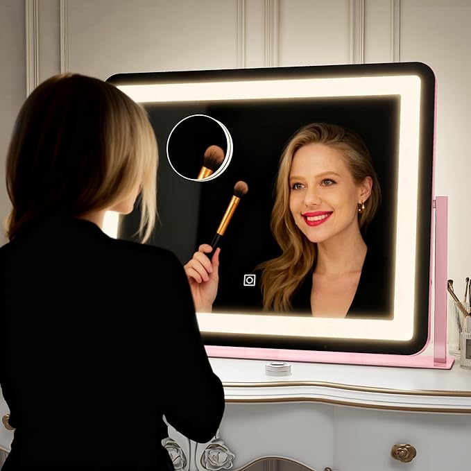 ROLOVE 22x17 Inch Pink Vanity Mirror with Lights，Dimmable LED Lights，3 Color Modes, Smart Touch Control，10X Magnification，Light up Makeup Mirror for Desk, Gift for Teen Girls