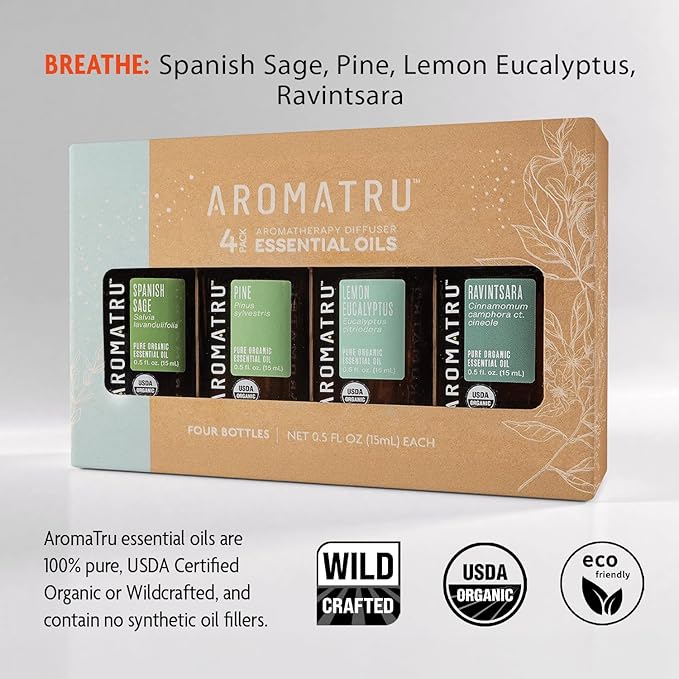 Breathe Essential Oil Kit – Spanish Sage, Pine, Lemon Eucalyptus, and Ravintsara – Organic & Wildcrafted – ISO Certified – No Synthetic Fillers – Ethically Sourced