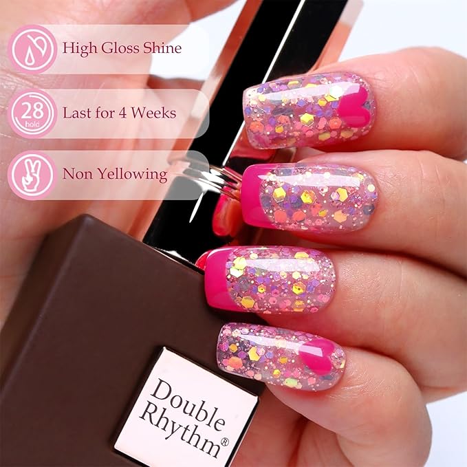 Double Rhythm 15ML Glitter Gel Polish Shimmer Reflective Holographic Color Magnetic for Nail Art Salon DIY at Home (B1086-Pink Passion)