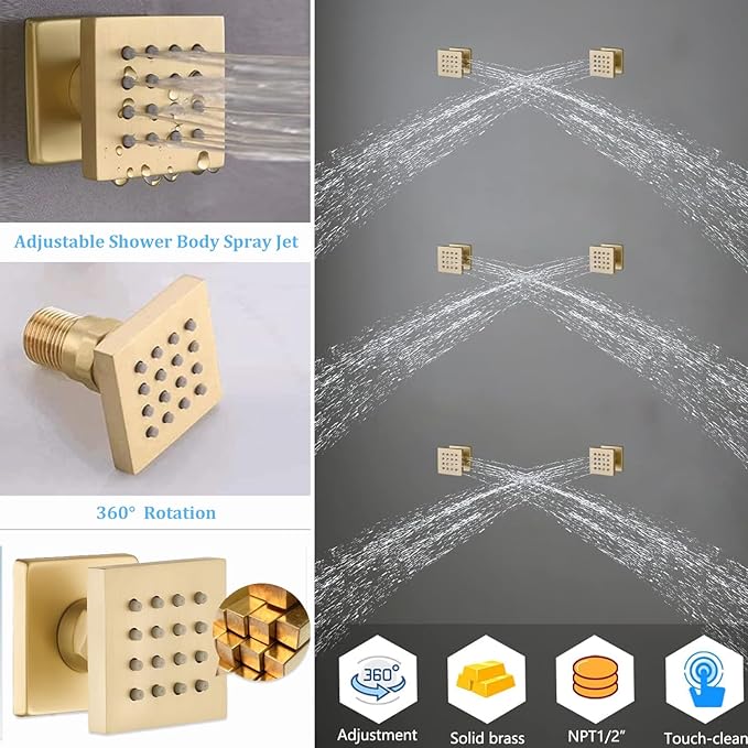 WHSHOWER Digital Display Shower Faucet Set With 14x20 Inch LED Rainfall Shower Head,Brass Handheld Sprayer And 6pcs Body Jets,Full Body Shower System (Brushed Gold)