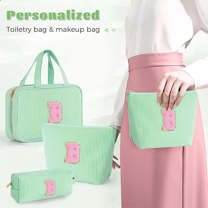 Fystdtote 3 Travel Toiletry Makeup Bags for Women - Cute Makeup Bag Organizer Make Up Bag Travel Essentials Personalized Gifts Friend Gifts for Teenager Bridesmaids - Green B