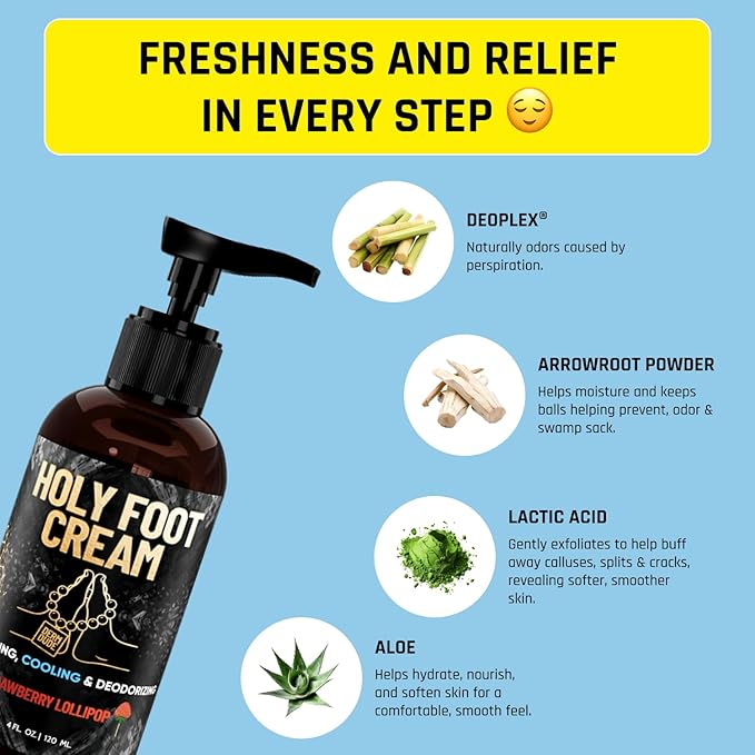 Derm Dude Holy Foot Cream | Daily Moisturizing Foot Cream with DeoPlex for Freshness & Arrowroot for Lightweight Hydration | Strawberry Lollipop Scent 4oz