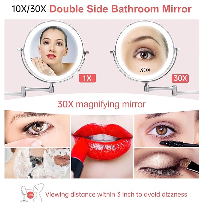 FUNTOUCH 5000mAh Rechargeable Wall Mounted Lighted Makeup Vanity Mirrors, Double Sided 1X 30X Magnifying, 3 Color Lighting, Touch Screen Dimming, Extended Arm 360 Rotation Shaving Bathroom Mirror