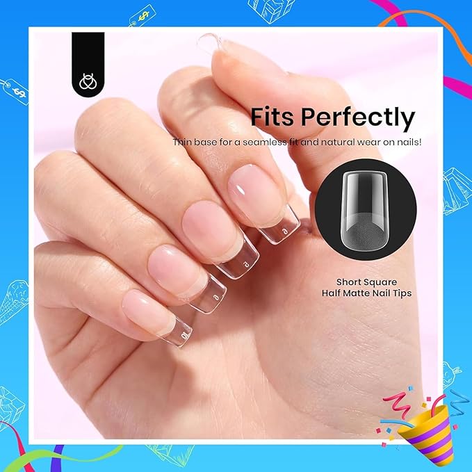 Beetles Gel Nail Tips Etch-X, Square Short, 288Pcs 12 Sizes, Pre-Etched Half Matte Full Cover Soft Acrylic Press on False Nail Tips Easy DIY Glue On Nail Extension Salon Gift for Women Girls