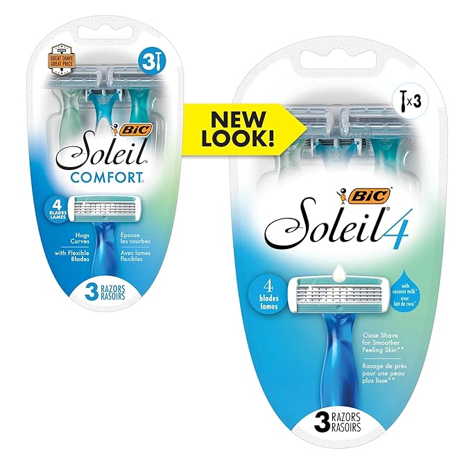 BIC Soleil Comfort 4-Blade Disposable Razors for Women Sensitive Skin Razor for a Smooth and Close Shave, 3 Piece Razor Set (Pack of 2)