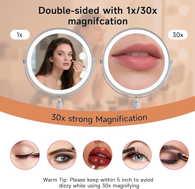 1X/30X Magnifying Makeup Mirror with Lights - 9" Large Dual-Sided Vanity Mirror with 3 Color Lights for Women's Travel Cosmetic Mirror | 3000 mAh-USB Rechargeable | 360° Rotation | Adjustable Height