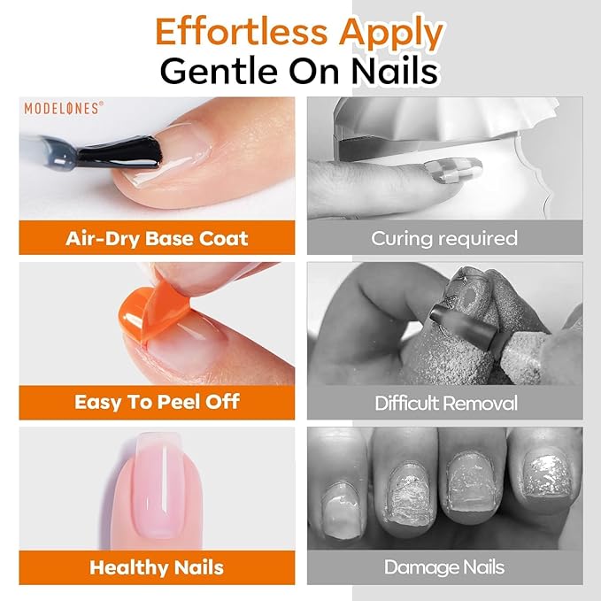 Modelones Peel Off Base Coat and Gel Top Coat Set, 2 Pcs No Wipe Clear Top Gel Nail Polish and Peelable Practice Base Easy Removal, Nail Art Manicure DIY Gift for Weak Thin Nails Beginner Women 10ml