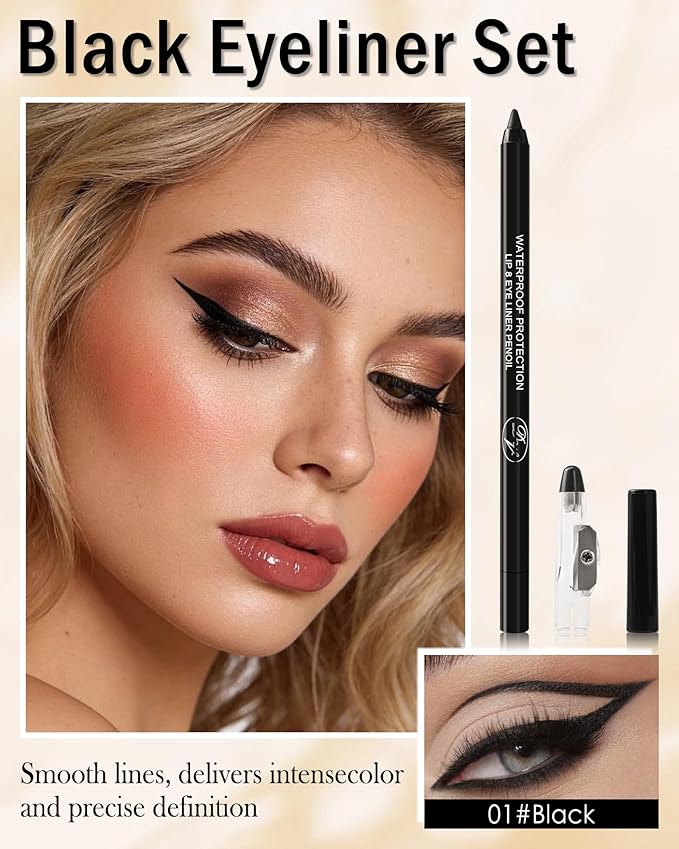 10 Pcs Gel Eyeliner Pencil Set, Black Waterline Waterproof Eye Liner Eyeshadow Stick for Women, Cream Long Lasting Smudge Proof Eyeliner Pen Pack, Ultra Pigmented Matte Makeup Pen with Sharpener-Set A