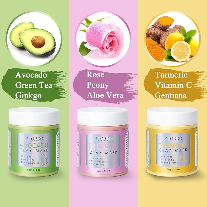 Pjordo 3 Pack clay mask, Turmeric Vitamin C, Avocado, Rose clay mask for face, Face Mask Skin Care for Deep Cleaning Reduce Blackheads Dark Spots, Valentines Day Gifts Set for Women, 3.17 Oz Each