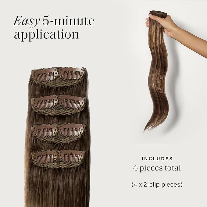 Luxy 100% Remy Human Hair Extensions for Thin Hair Thinning Hair Fill-Ins – 6 Seamless Wefts Multi-Dimensional Color Blend - Natural-Looking Volume & Coverage 50 grams 12" Dimensional Sunkissed Brown