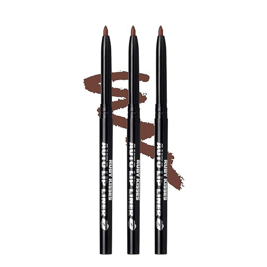 Ruby Kisses Auto Lip Liner Pencil (Brown 3 Pack), Long Lasting & Non-Fading, Smooth Application, Non-Feathering with Rich Pigmented Color, No Sharpener Needed, Ideal for Full Lips Look