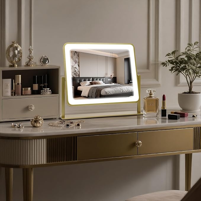 Vanity Mirror with Lights, 14"×12" LED Makeup Mirror, HD Professional Mirror, Smart Touch with 3-Color Lighting, Dimmable, 360° Rotation, Lighted Up for Makeup Desk, Bedroom (Gold)