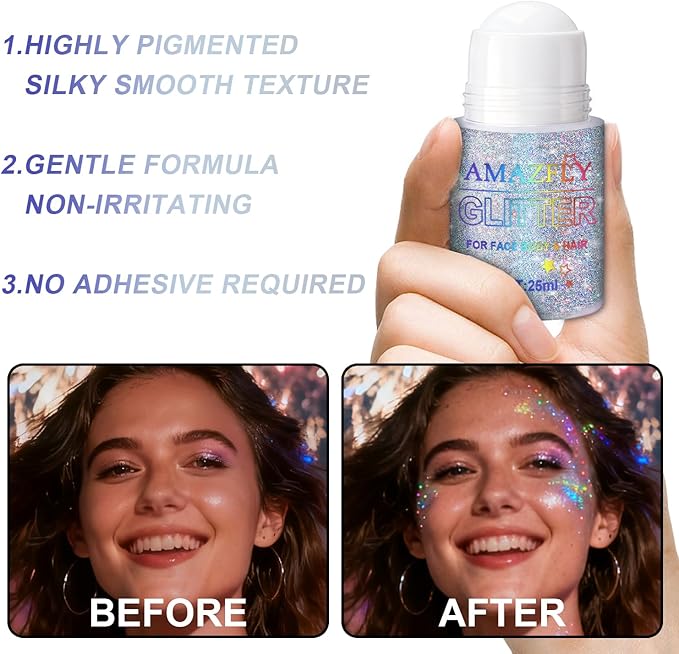 1PC Roll-on Holographic Body Glitter Gel for Body, Hair, Face, Chameleon Color Changing Glitter Gel Under Light, Chunky Mermaid Sequins Festival Party Rave Accessories Shimmer Makeup (Glint-Rainbow)