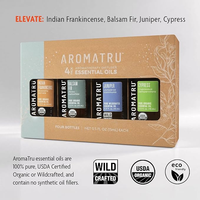 Elevate Essential Oil Kit – Indian Frankincense, Balsam Fir, Juniper, and Cypress – Organic & Wildcrafted – ISO Certified – No Synthetic Fillers – Ethically Sourced