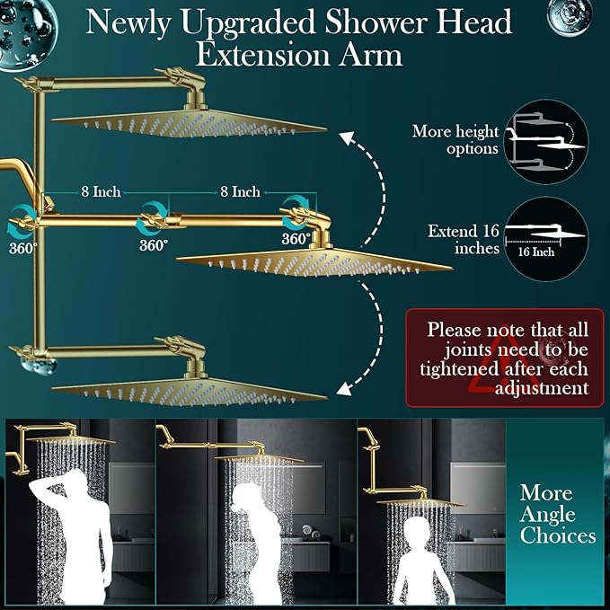 12'' Gold Rain Shower Head, High Pressure Rainfall Shower Head with 16 inch Adjustable Extension Arm，Flexible Adjust Height and Angle, 5 Setting Spray Handheld Shower Head, Anti-leak