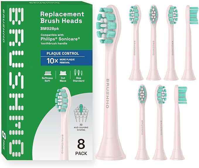 Brushmo Plaque Control Replacement Toothbrush Heads, Compatible with Philips Sonicare Click-on Electric Toothbrush Handles, 8 Standard Replacement Heads, Soft Dupont Bristles, BM928pk, Pink
