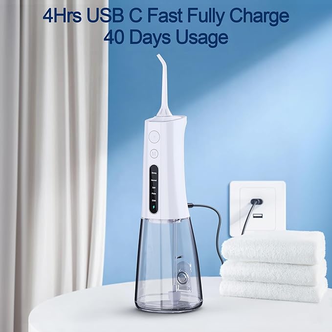 MOCEL Water Dental Flosser OLED Display Cordless Teeth Cleaning MOCEL 5 Modes Oral Irrigator 300ML Portable and USB C Rechargeable IPX7 Waterproof Floss Teeth Pick (White)