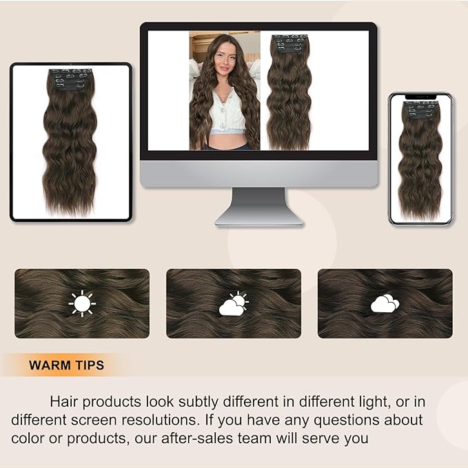 ALXNAN Clip in Hair Extensions for Women,Chocolate Brown with Dark Brown Long Wavy Hair Extensions Clip Ins 4PCS 20 Inch Synthetic Soft and Natural Thick Hair Pieces for Women