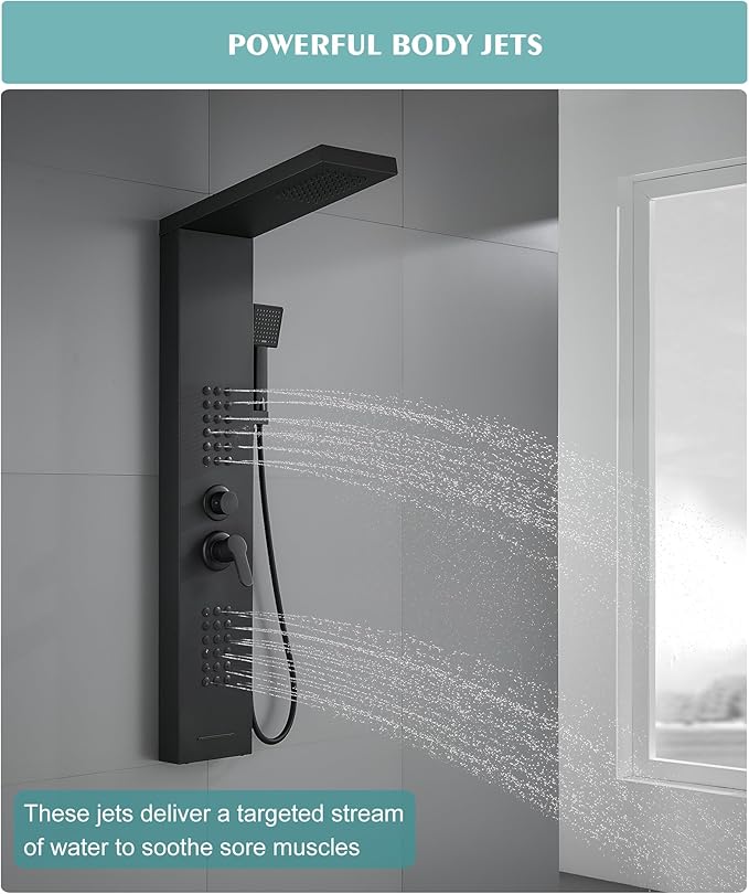 KINKIB Shower Panel Tower System with Rainfall Shower Head, Powerful Body Jets, Matte Black Shower Tower with Handheld Shower and Tub Spout, Stainless Steel Shower Column High Pressure