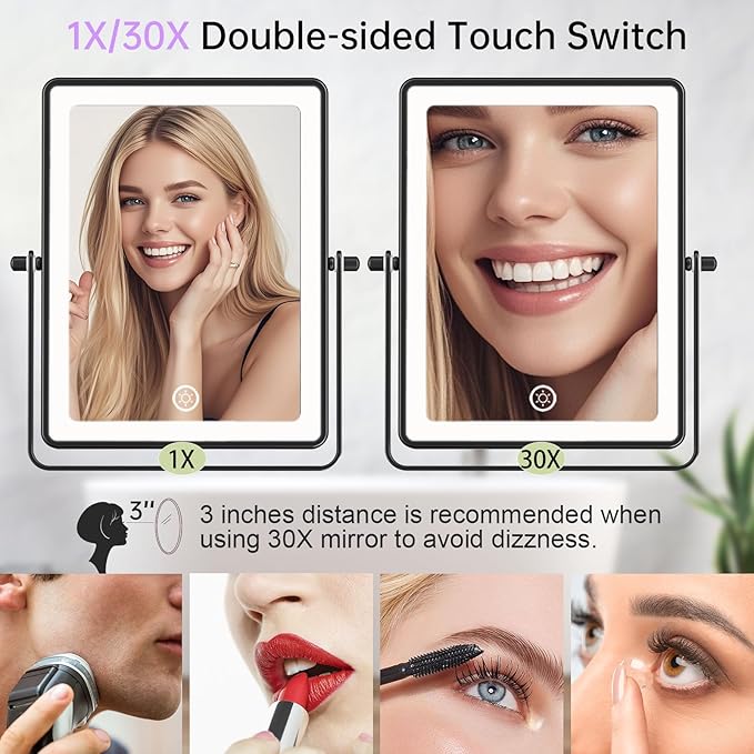 FASCINATE 5000mAh Rechargeable Wall Mounted Makeup Mirror with Lights, 8.7 Inch Double Sided Touch Switch 1X 30X Magnifying Bathroom Mirror, 3 Color Lights, Extended Arm 360°Rotation (Black)