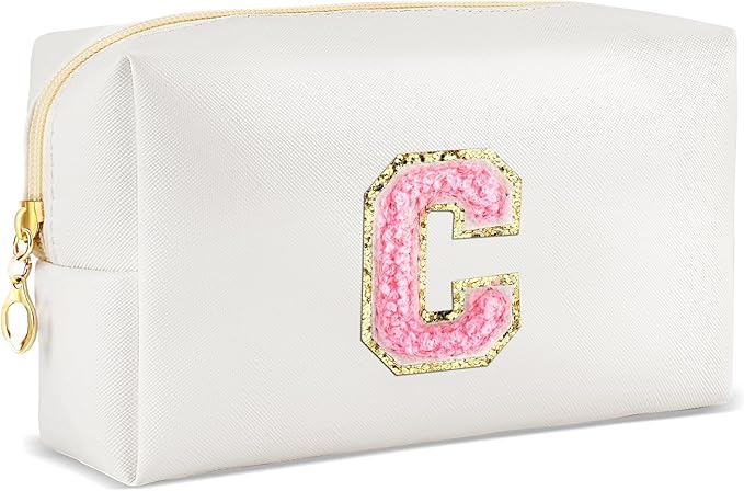 URSKYTOUS Initial Makeup Bag Personalized Preppy Travel Small Cosmetic Bag Cute PU White Chenille Letter Makeup Pouch for Purse Waterproof Zippered Toiletry Organizer for Women Girl Kid Friends(C)
