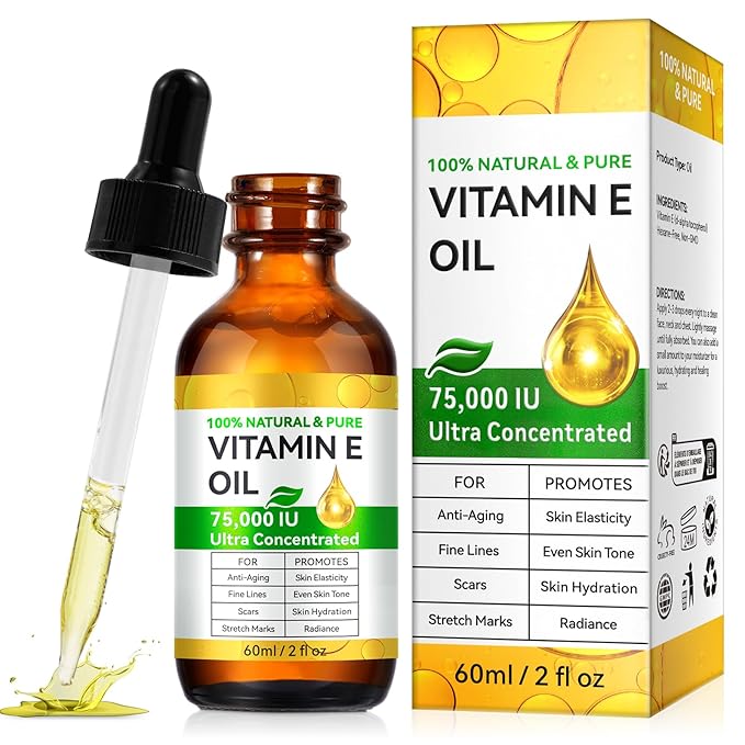 Vitamin E Oil for Skin,75,000IU New Ultra Pure Vitamin E Oil,100% Pure & Natural,Premium Grade,Cold-Pressed,for Scars Hair,Face,Nail,Scalp Perfect Bath and Body Oil