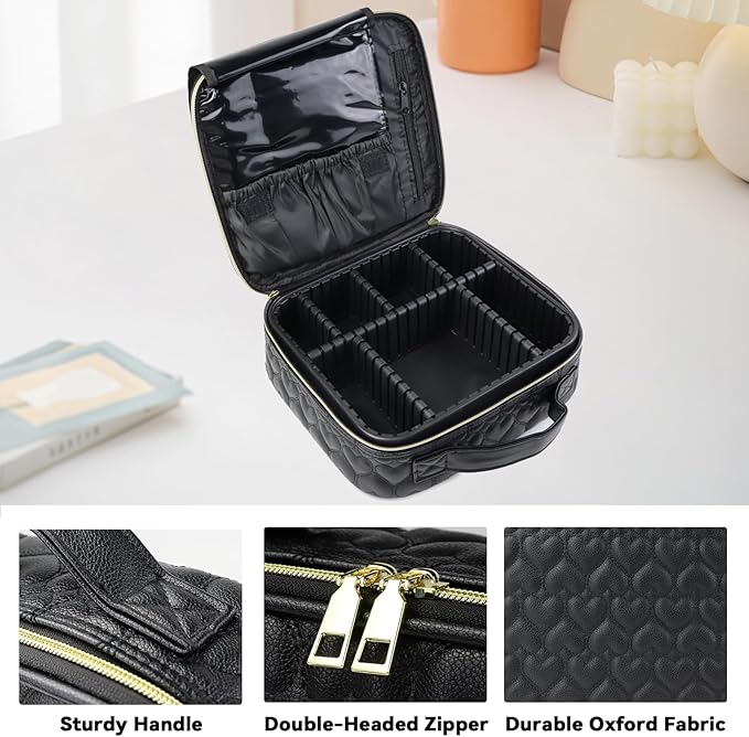 SLUMAZI Travel Makeup Bag Makeup Cosmetic Train Case Organizer Portable Storage Bag with Adjustable Dividers for Cosmetics Makeup Brushes Toiletry Jewelry Heart Pattern