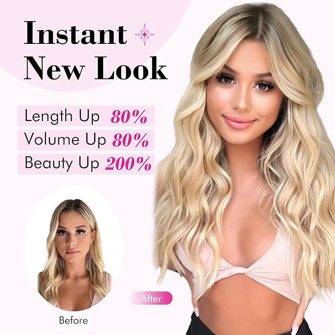 REECHO Blonde Hair Extensions, 20” One Piece Clip in Hair Extensions Thick Long Beach Wavy Natural Soft Synthetic Hairpieces for Women, Platinum Blonde