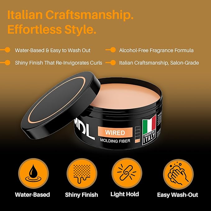 MY DE LUCA WIRED Molding Fiber Hair Wax for Men, Light Hold Pomade with Glossy Shine, Water-Based Hair Styling Product for All Hair Types, Flexible Definition and Smooth Finish, Made in Italy, 100ml