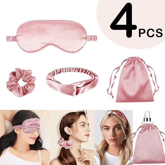 4Pcs Silk Sleep Masks Satin Eye Mask Silky Eyes Cover Blindfold Eyeshade Headband Scrunchies Pouch Bags Bridesmaid Gifts