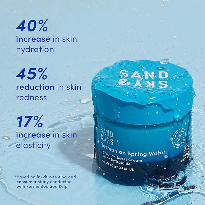 Sand & Sky Tasmanian Spring Water Gel Moisturizer with Hyaluronic Acid & Seaweed Extract - Lightweight Water-Based Face Cream, Forms Protective Layer, 1.7 oz
