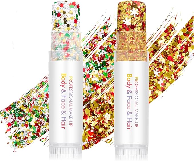 Body Glitter Stick for Face, Body & Hair - Gold & Red/Green Chunky Sparkle Glitter, 2 Pack | Long Lasting Party Makeup for Festival, Rave, Concert & Cosplay