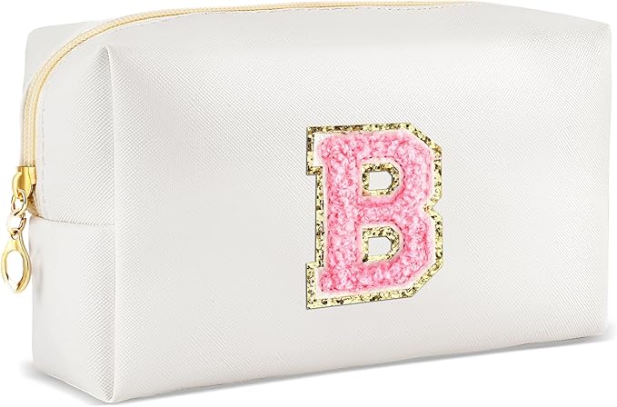 URSKYTOUS Initial Makeup Bag Personalized Preppy Travel Small Cosmetic Bag Cute PU White Chenille Letter Makeup Pouch for Purse Waterproof Zippered Toiletry Organizer for Women Girls Kids Friends (B)